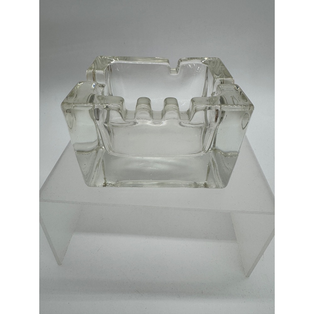 Vintage Heavy Clear Glass Square Ashtray Mid Century Modern‎ Smoking Accessory